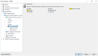 Trados Studio Project Settings menu displaying Auto-substitution settings for a Spanish-English language pair with 'Numbers' and 'Alphanumeric strings' checkboxes.