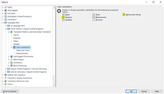 Trados Studio Options menu showing Auto-substitution settings for a Spanish-English language pair with 'Numbers' and 'Alphanumeric strings' checkboxes.