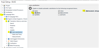 Trados Studio project settings showing auto-substitution options for numbers, measures, dates, and alphanumerics strings.