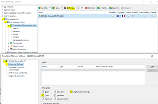 Trados Studio translation memory and auto-substitution settings with TM Fields and settings highlighted.