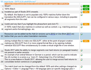 Trados Studio SDLXLIFF editor view with segment matching percentages and notes on segment merging options.