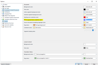 Trados Studio color settings menu with options for text color, background color, and segment shading.