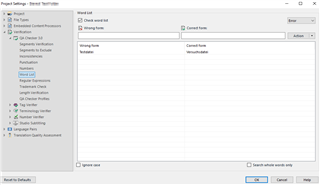 Screenshot of Trados Studio Project Settings - Term Verification window showing an empty Word List with options to add, edit, and remove entries.
