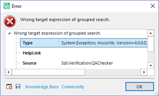 Error dialog box in Trados Studio displaying 'Wrong target expression of grouped search' with an 'X' icon indicating an error. The error type is 'System.Exception, mscorlib, Version=4.0.0.0' and the source is 'Sdl.Verification.QAChecker'.