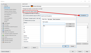 Trados Studio screenshot showing the Options window with a focus on AutoCorrect exceptions settings. A red arrow points to the Exceptions tab.