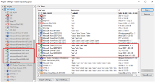 Trados Studio screenshot showing Project Settings window with File Types tab selected. A list of file types is displayed with 'Microsoft Excel 2007-2019' highlighted in red indicating an error or warning.