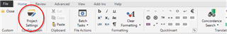 Trados Studio screenshot highlighting the 'Project Settings' tab in the ribbon menu.