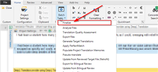 Trados Studio interface showing the 'Finalize' option under the 'Batch Tasks' dropdown menu.