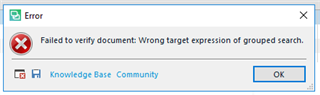 Error dialog box in Trados Studio with a red cross icon, displaying the message 'Failed to verify document: Wrong target expression of grouped search.' with an OK button.
