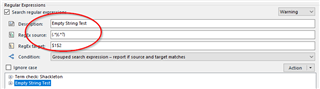 Trados Studio Regular Expressions window showing a warning for 'Empty String Test' with a red circle around the Regex input field containing '(?!$).*'.