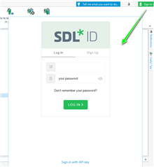 Trados Studio login window with SDL ID login fields and a 'LOG IN' button, indicating a need to sign in to access Groupshare.
