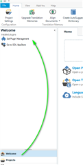 Trados Studio screenshot highlighting the 'SDL Plugin Management' option within the 'Add-ins' tab.