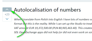 Screenshot of Trados Studio community forum post titled 'Autolocalisation of numbers' with 23 upvotes indicated by a green arrow and checkmark.