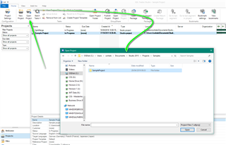 Trados Studio screenshot with an arrow pointing from the 'Sample Project' in the Projects list to the 'Open Project' dialog box, indicating how to add a project back into Studio.