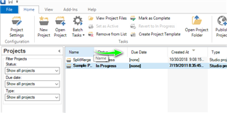 Trados Studio screenshot illustrating how to drag the Name column divider to the right to fully display the project name 'Sample Project'.