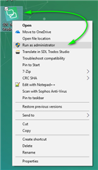 Right-click context menu on Trados Studio icon with 'Run as Administrator' option highlighted by a green arrow.