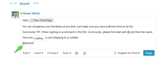 Screenshot of a Trados Studio community forum post by Steven Whale advising on termBase reorganization and replying to comments with an '@' mention.