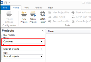 Screenshot of Trados Studio showing the Projects view with the filter set to 'Completed'. A red box highlights the filter dropdown menu.