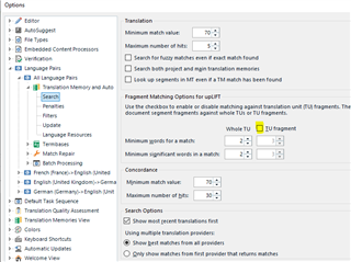 Trados Studio Options menu showing Translation Memory and Auto Suggest settings with Fragment Matching options for quality assurance.