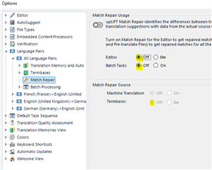 Trados Studio Options menu with Match Repair settings turned off, indicating the feature is not in use.