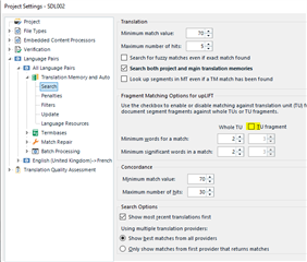 Trados Studio Project Settings menu showing Translation Memory and Auto Suggest settings with Fragment Matching options for project-specific configuration.