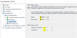 Trados Studio Project Settings menu with Match Repair settings turned off for the specific project, overriding the default profile settings.