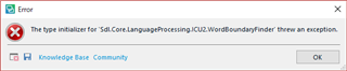 Error message in Trados Studio stating 'The type initializer for 'Sdl.Core.LanguageProcessing.ICU2.WordBoundaryFinder' threw an exception.' with an OK button.