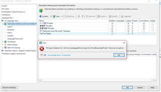 Trados Studio project settings window with an error message overlay stating 'The type initializer for 'Sdl.Core.LanguageProcessing.ICU2.WordBoundaryFinder' threw an exception.' with an OK button.