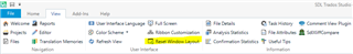 Trados Studio screenshot showing the 'Reset Window Layout' option highlighted in the 'View' tab.