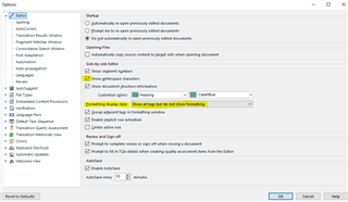 Trados Studio Options dialog box with 'Editor' settings expanded showing 'Show whitespace characters' option checked.