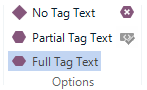 Trados Studio View tab options showing 'No Tag Text', 'Partial Tag Text', and 'Full Tag Text' with corresponding icons.