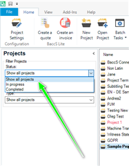 Trados Studio screenshot showing the 'Projects' dropdown menu with 'Show all projects' selected, indicated by a green arrow.