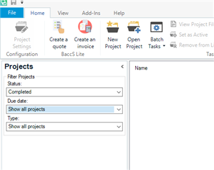 Trados Studio screenshot with the 'Projects' dropdown menu open, showing options including 'Completed' and 'Due Date'.