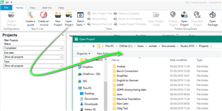Trados Studio screenshot of a file explorer window with a green arrow pointing to the 'sdlproj' icon in the 'Studio 2019Projects' folder.