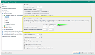 Trados Studio Project Settings window showing Translation Memories and Automated Translation settings with 'Search for fuzzy matches even if exact match found' option checked and 'Use fragment matching' option highlighted.