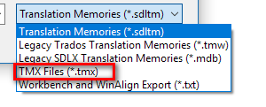 Dropdown menu for Translation Memories with TMX Files (*.tmx) option highlighted.