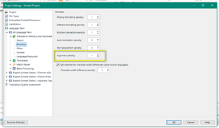 Trados Studio Project Settings window showing Translation Memory and Automated Translation settings with a highlighted field for 'New alignment penalty' set to -1.
