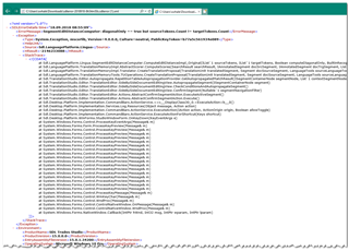 Expanded error stacktrace in Trados Studio showing detailed technical information and code references.