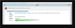 Error dialog box in Trados Studio showing 'Object reference not set to an instance of an object' with an arrow pointing to the 'stacktrace' link.