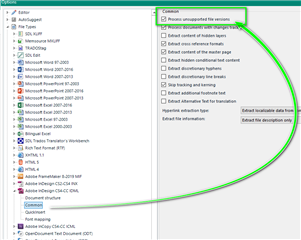 Trados Studio File Options menu with 'File Types' selected. 'Process unsupported file types' option is highlighted and checked.