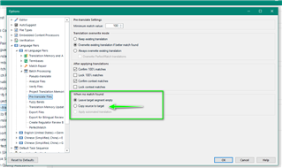 Trados Studio Options window showing Language Pairs settings with 'Leave target segment empty' selected and 'Copy source to target' option highlighted.