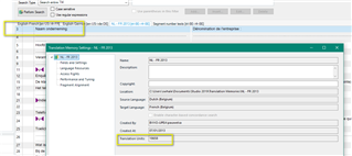 Trados Studio interface showing Translation Memory settings with a total of 18658 TUs and missing segments highlighted.