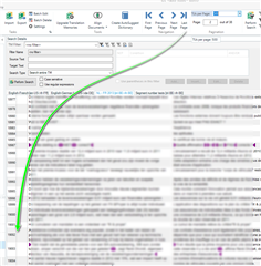 Screenshot of Trados Studio editor with a green arrow pointing to the first segment number 3, indicating missing segments 1 and 2.