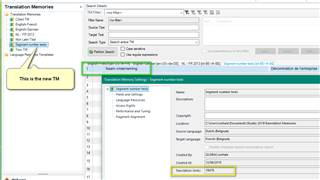 Trados Studio Translation Memories window with a new TM highlighted, showing consistent segment numbering starting from 1.