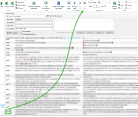 Trados Studio editor view with a green curve indicating the scroll to the bottom, showing the last segment number 19004.