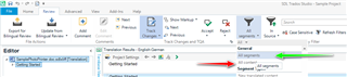 Screenshot of Trados Studio interface showing the Review tab with Display Filter set to 'All segments'. A red arrow points to the 'Track Changes' option, and a green arrow indicates the 'Accept All Changes' command.