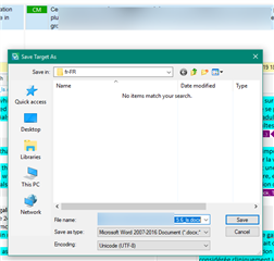 Trados Studio Save Target As dialog box with no items displayed in the file list and 'Microsoft Word 2007-365 Document' selected as the file type.