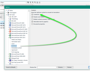 Trados Studio options menu with 'Comments' option highlighted and checked under 'Select the optional content to include for translation'.