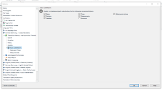 Trados Studio screenshot showing Auto-substitution rules under language pair settings with options for numbers and units.