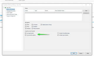 Trados Studio screenshot of Translation Memory Settings with a green arrow pointing to 'Apply automated actions' checkbox.